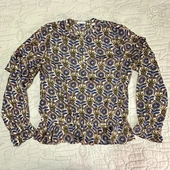 SCOTCH & SODA Ruffle Top Beautiful Floral Blue Pink Black Gold Size Large - Picture 4 of 15